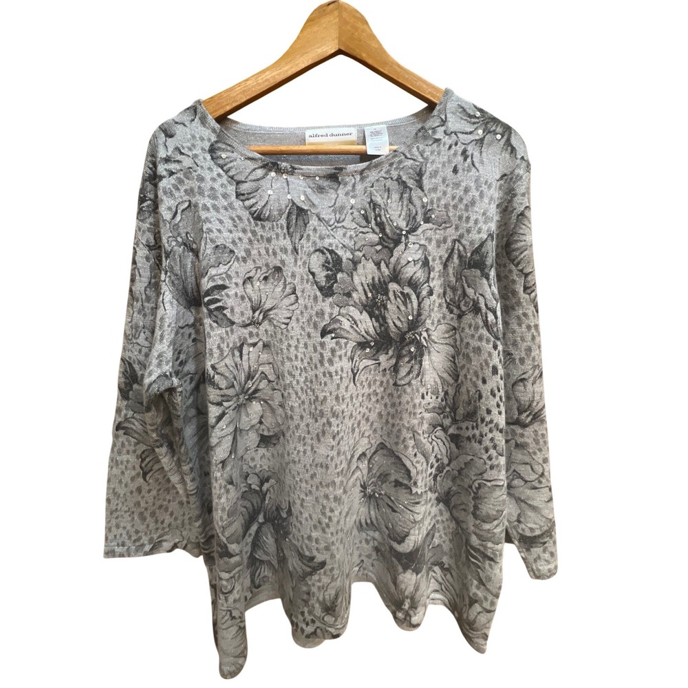 Alfred Dunner Woman Grey Floral Animal‎ Print Metallic Rhinestone Sweater 1X